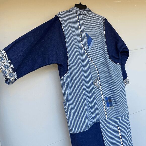 VTG Art to Wear Patchwork Duster Coat Screaming Women Denim Stripe OS - Picture 2 of 16